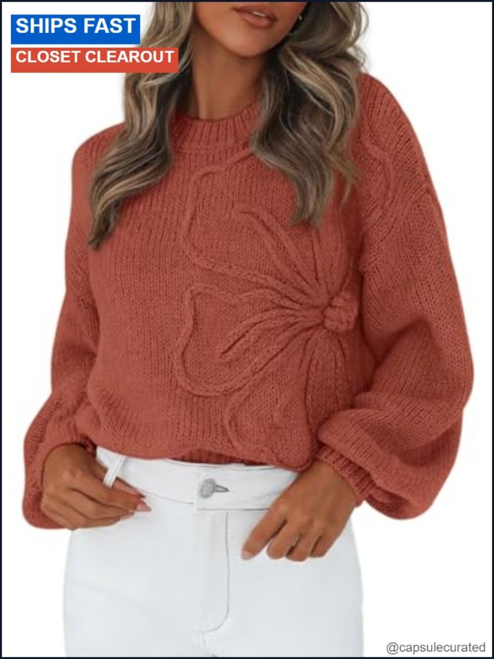 Oversized 3D Floral Knit Sweater Crew Neck Drop Shoulder Women's Pullover